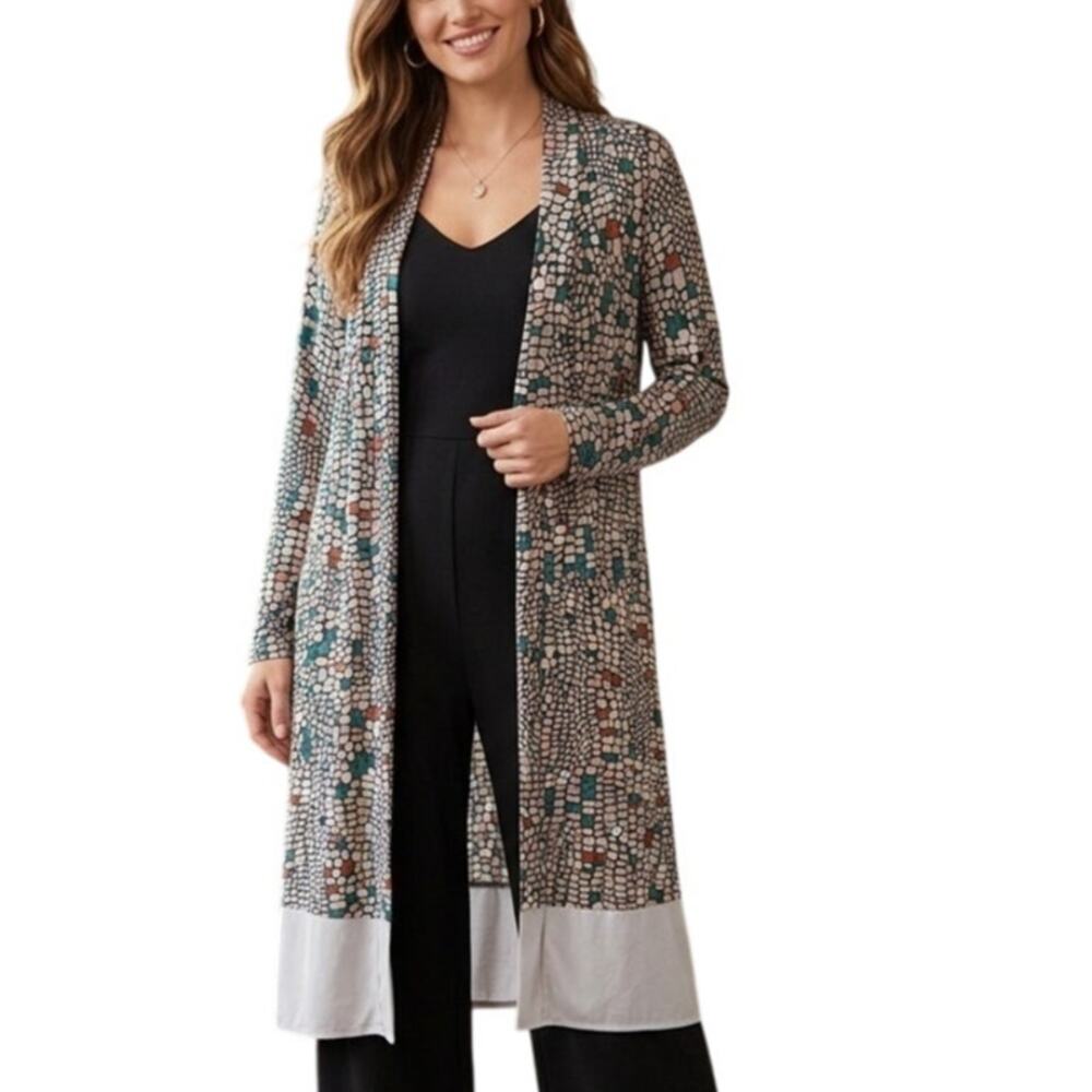 LOGO Letecia Duster Cardigan Womens Size LP Large Mosaic Stone Wall Earthy